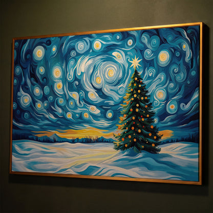 Christmas Tree Under Starry Sky Canvas Print shown in antique gold floating frame