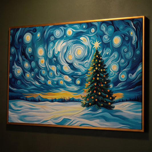 Christmas Tree Under Starry Sky Canvas Print shown in antique gold floating frame