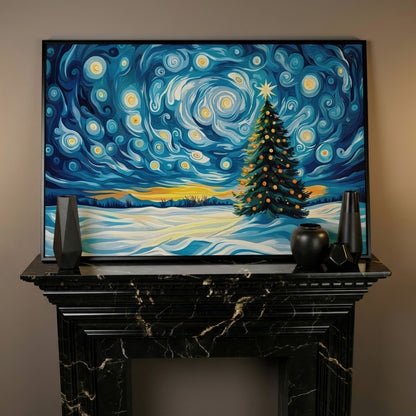 Christmas Tree Under Starry Sky Canvas Print in black floating frame