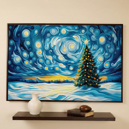 Christmas Tree Under Starry Sky Canvas Print in dark walnut floating frame