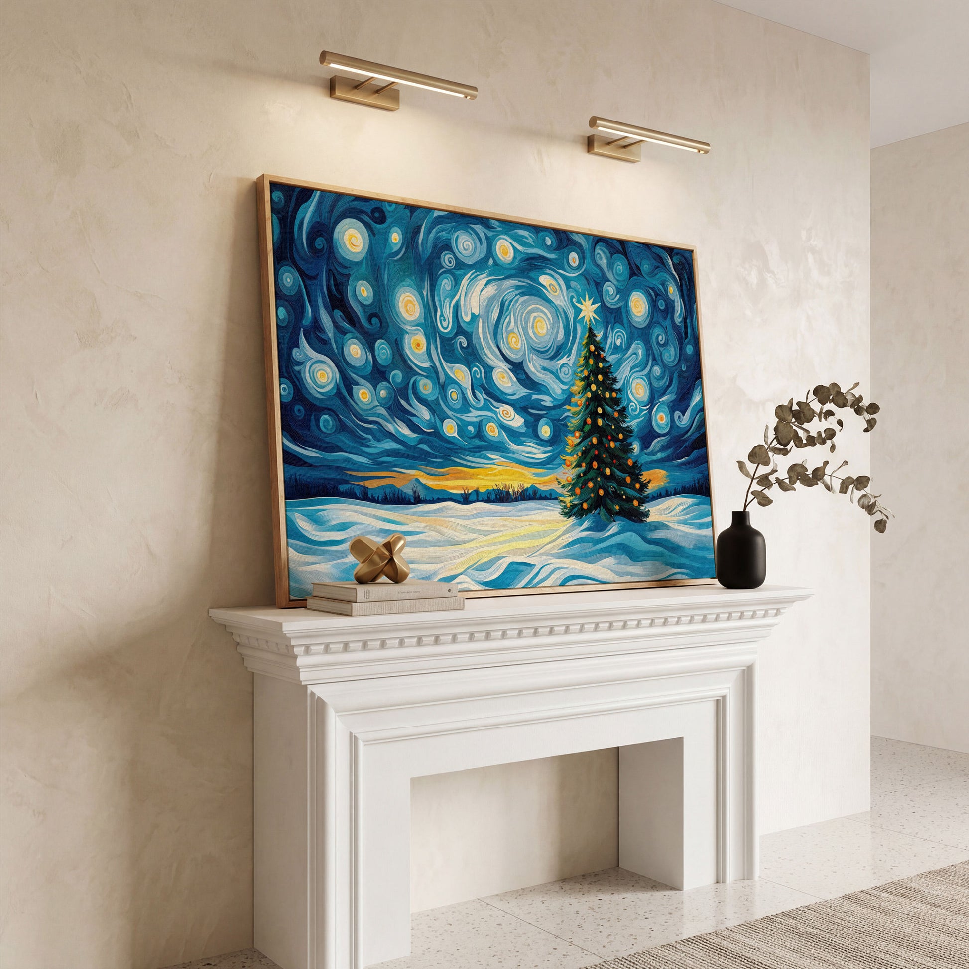 Christmas Tree Under Starry Sky Canvas Print in white oak floating frame
