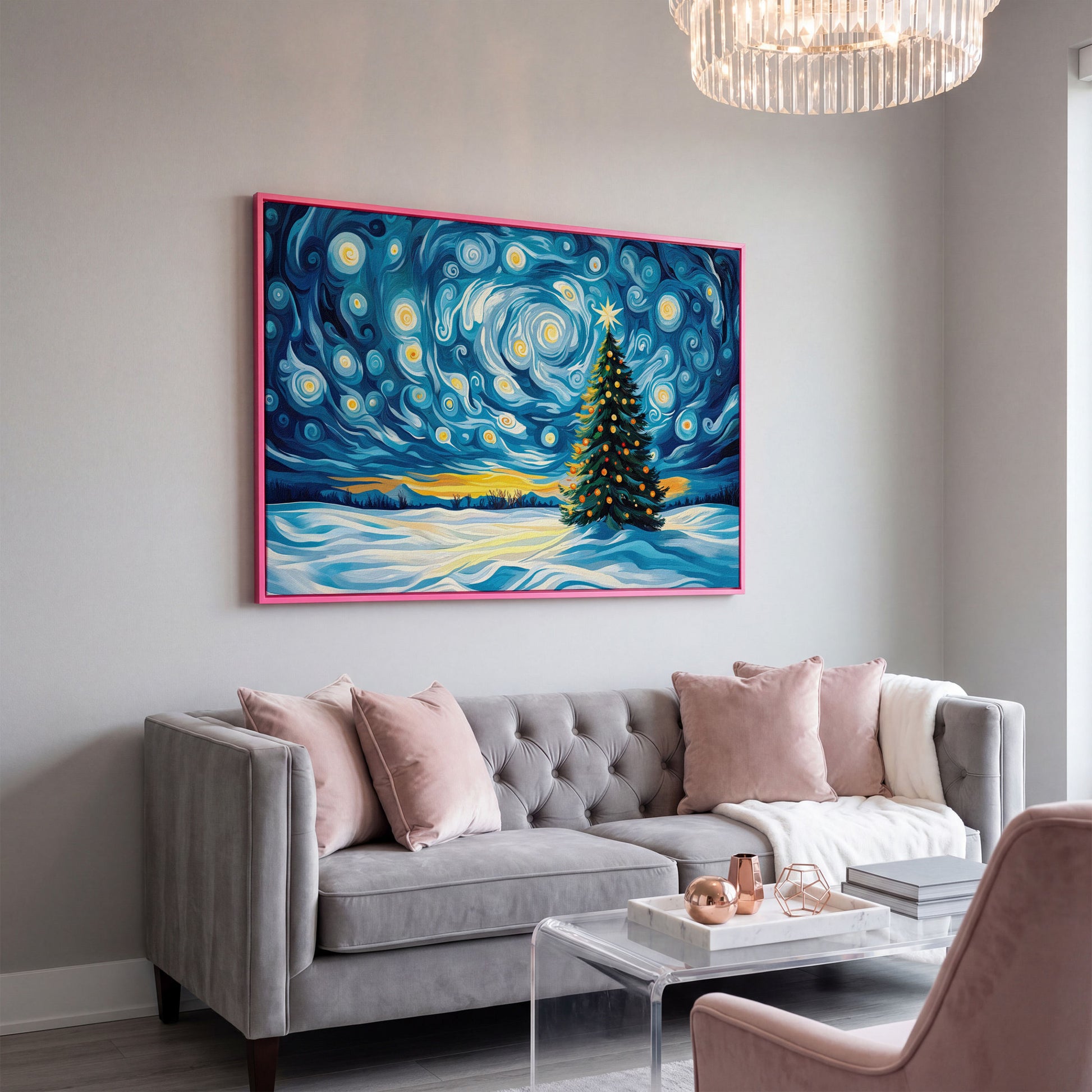 Christmas Tree Under Starry Sky Canvas Print in pink floating frame