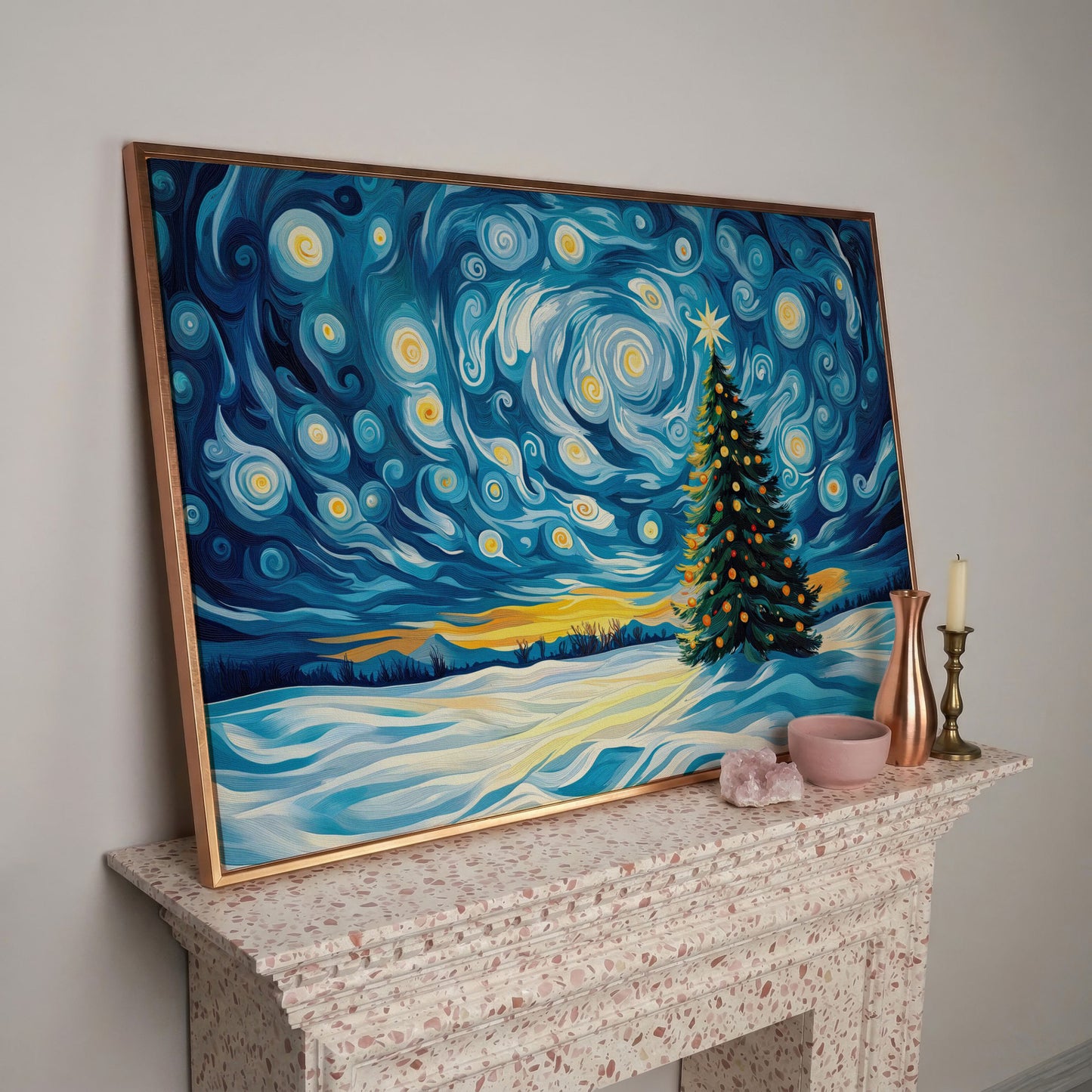 Christmas Tree Under Starry Sky Canvas Print in rose gold floating frame