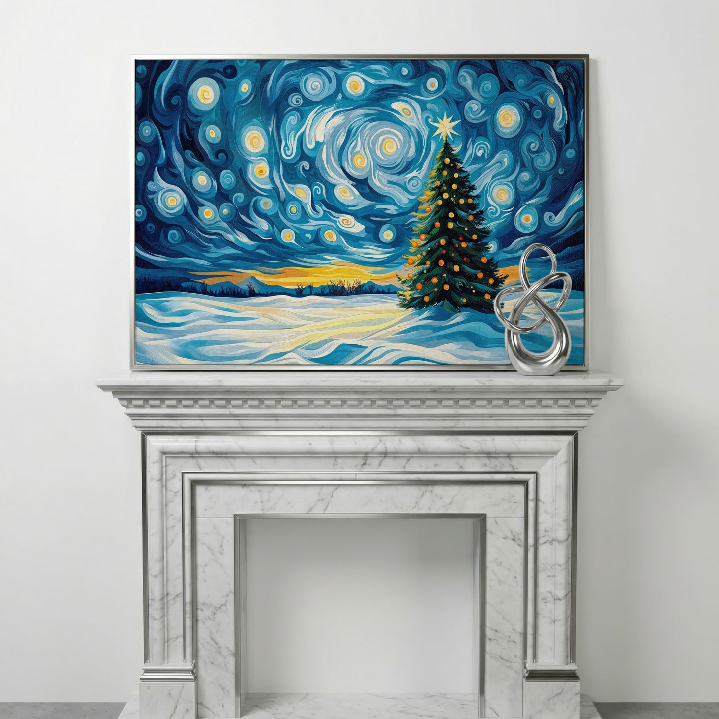 Christmas Tree Under Starry Sky Canvas Print in silver floating frame