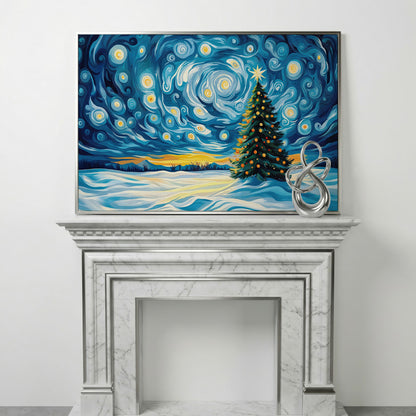 Christmas Tree Under Starry Sky Canvas Print in silver floating frame