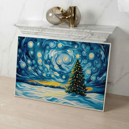 Christmas Tree Under Starry Sky Canvas Print in white floating frame