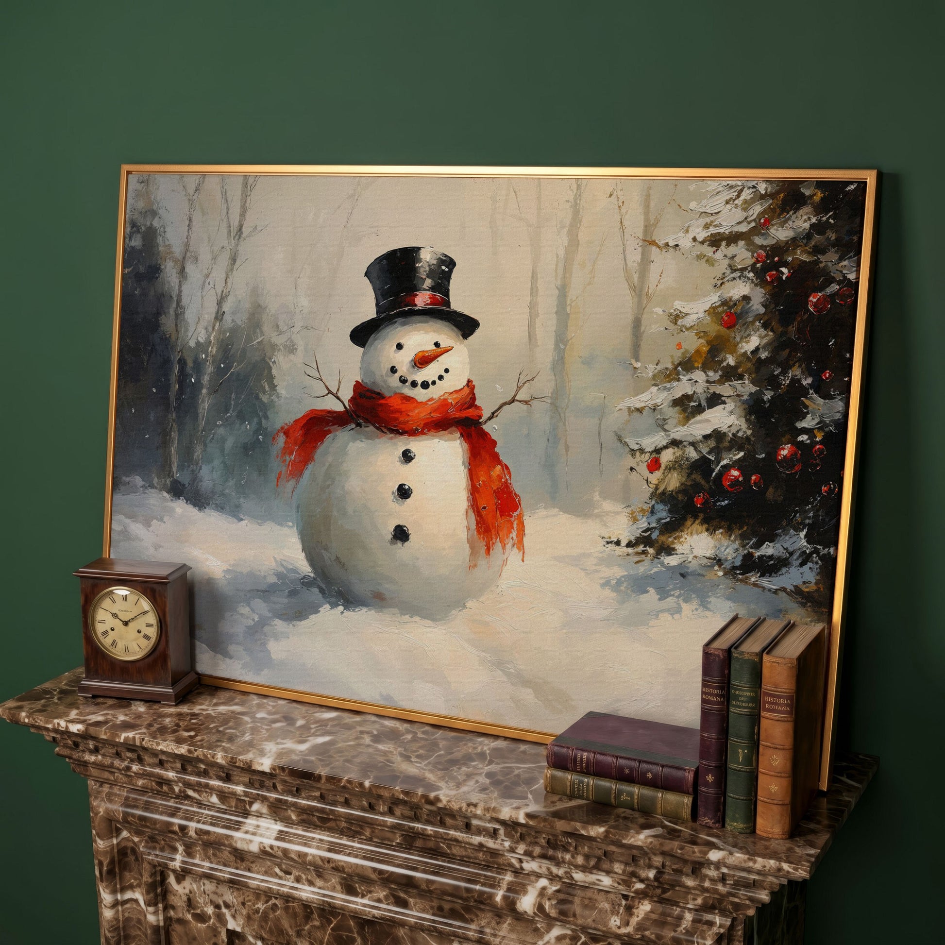 Snowman in Forest with Christmas Tree Canvas Print in antique gold floating frame