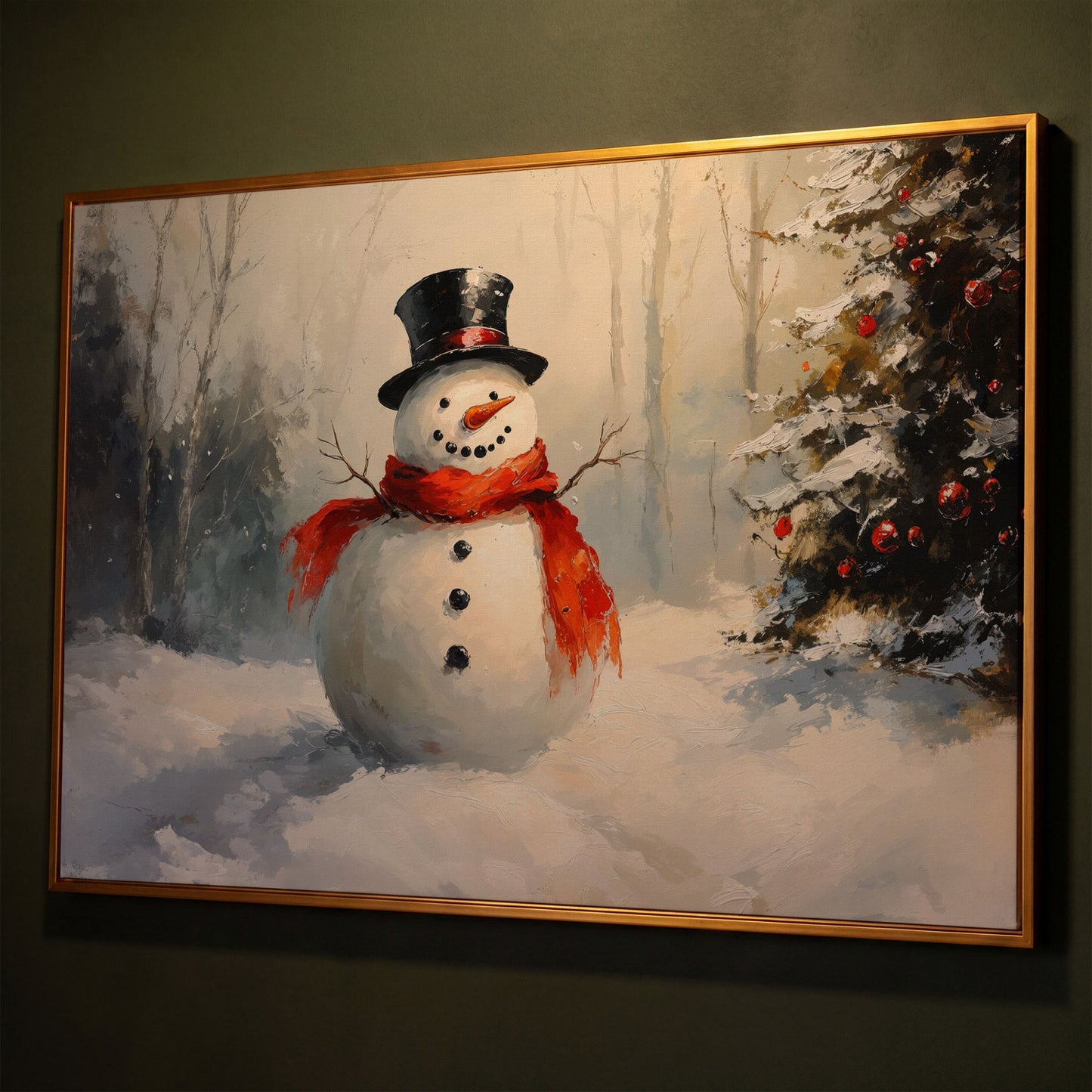 Snowman in Forest with Christmas Tree Canvas Print shown in antique gold floating frame