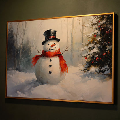 Snowman in Forest with Christmas Tree Canvas Print shown in antique gold floating frame