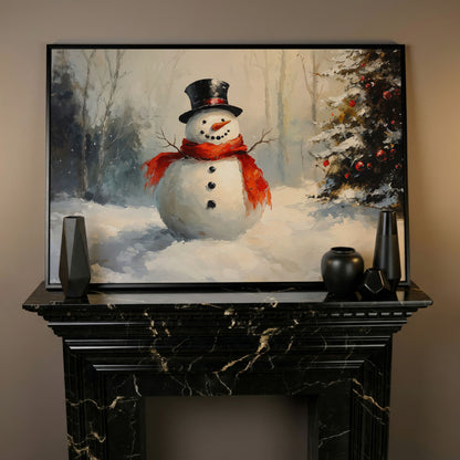 Snowman in Forest with Christmas Tree Canvas Print in black floating frame