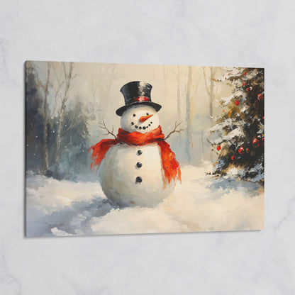 Snowman in Forest with Christmas Tree Canvas Print on gallery wrap