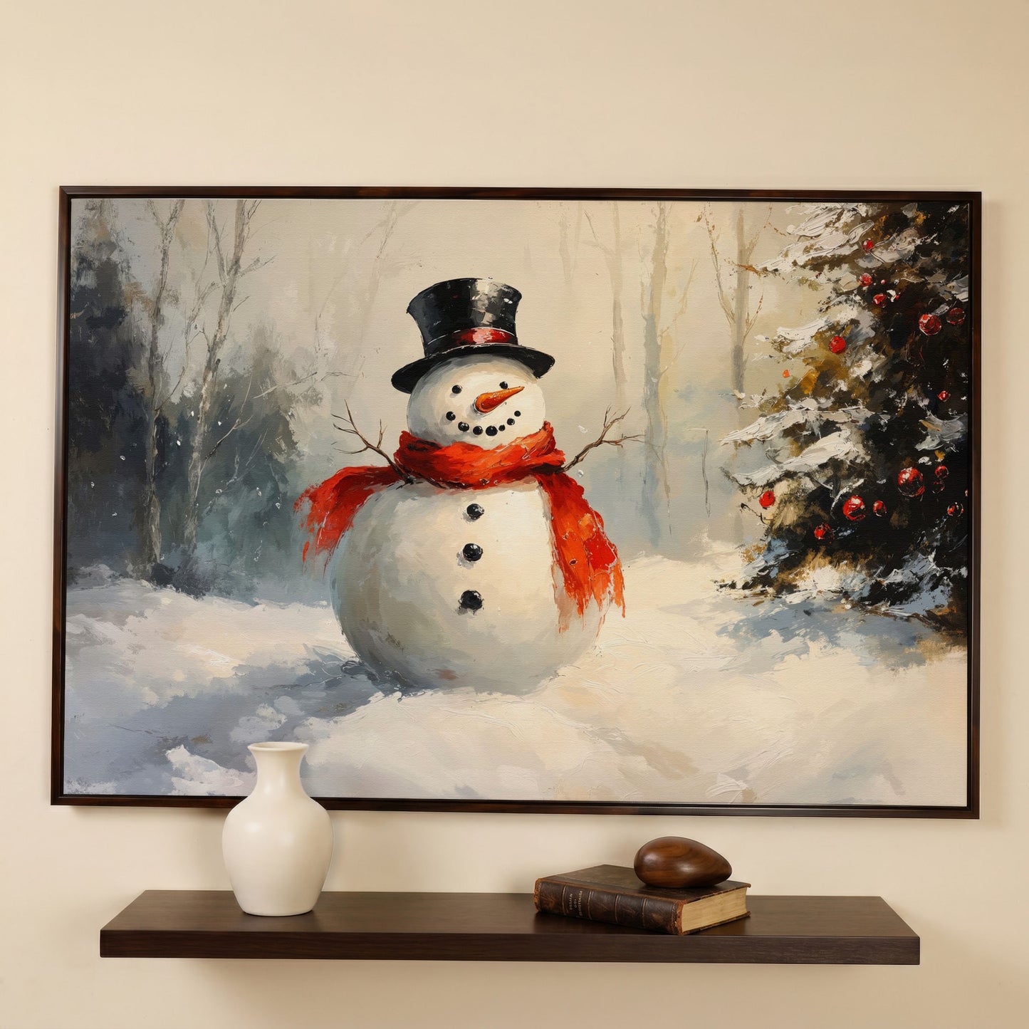 Snowman in Forest with Christmas Tree Canvas Print in dark walnut floating frame