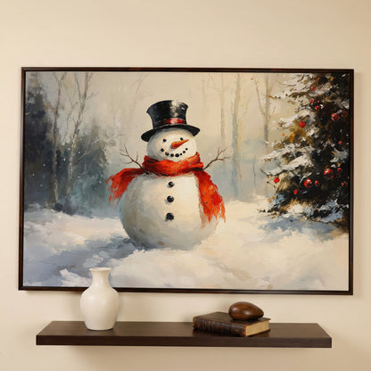 Snowman in Forest with Christmas Tree Canvas Print in dark walnut floating frame