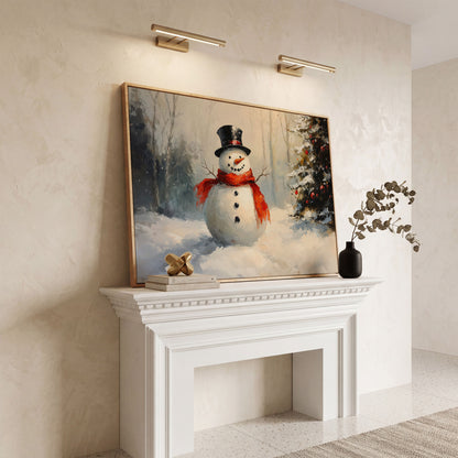 Snowman in Forest with Christmas Tree Canvas Print in white oak floating frame
