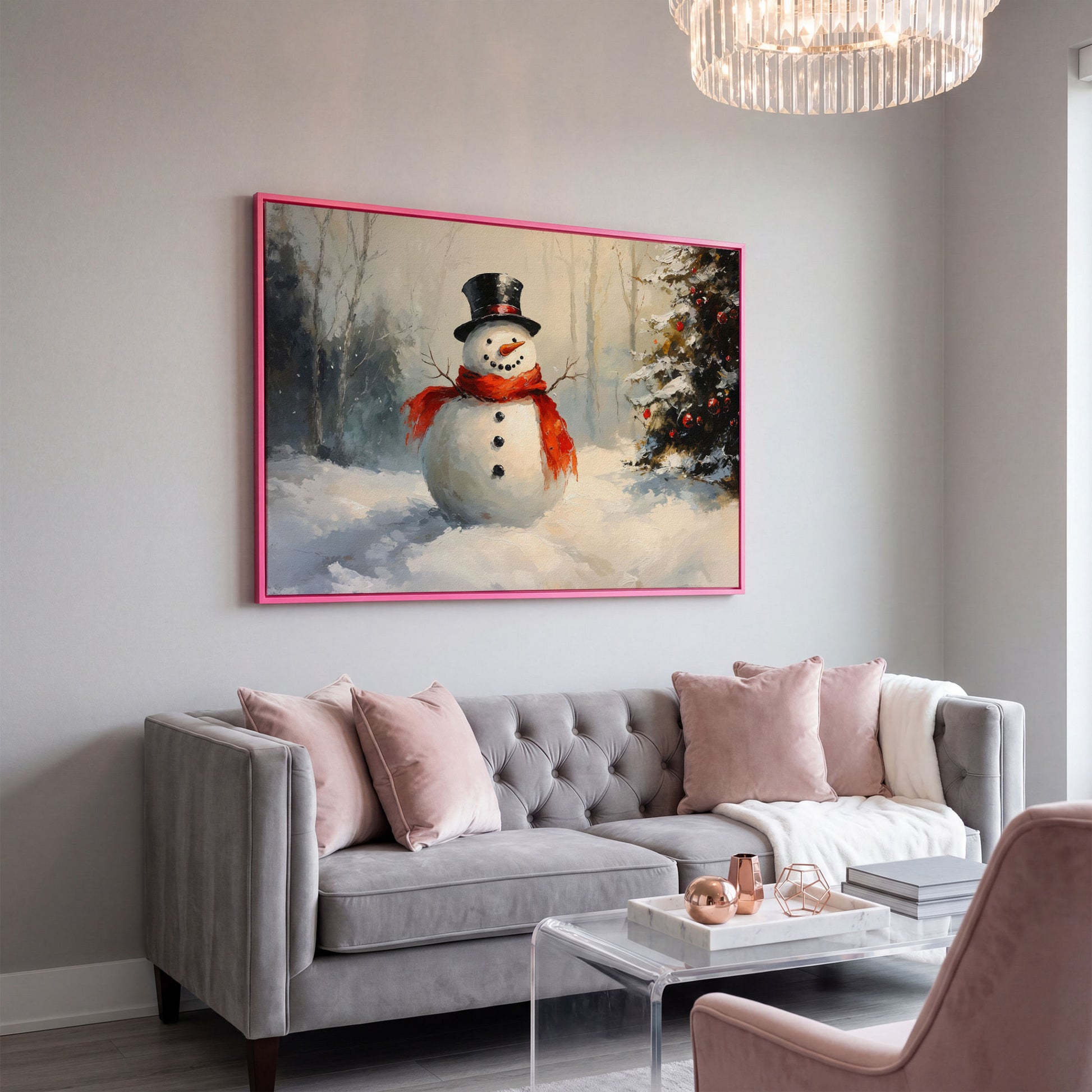Snowman in Forest with Christmas Tree Canvas Print in pink floating frame