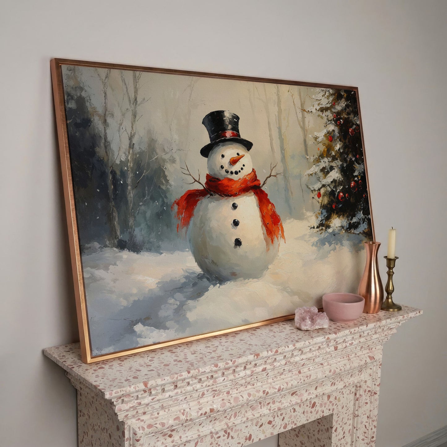 Snowman in Forest with Christmas Tree Canvas Print in rose gold floating frame