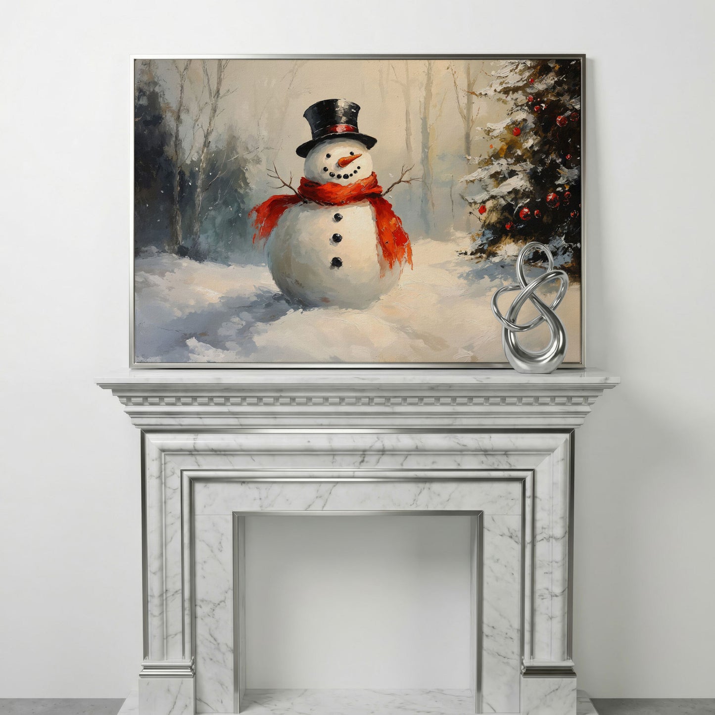 Snowman in Forest with Christmas Tree Canvas Print in silver floating frame
