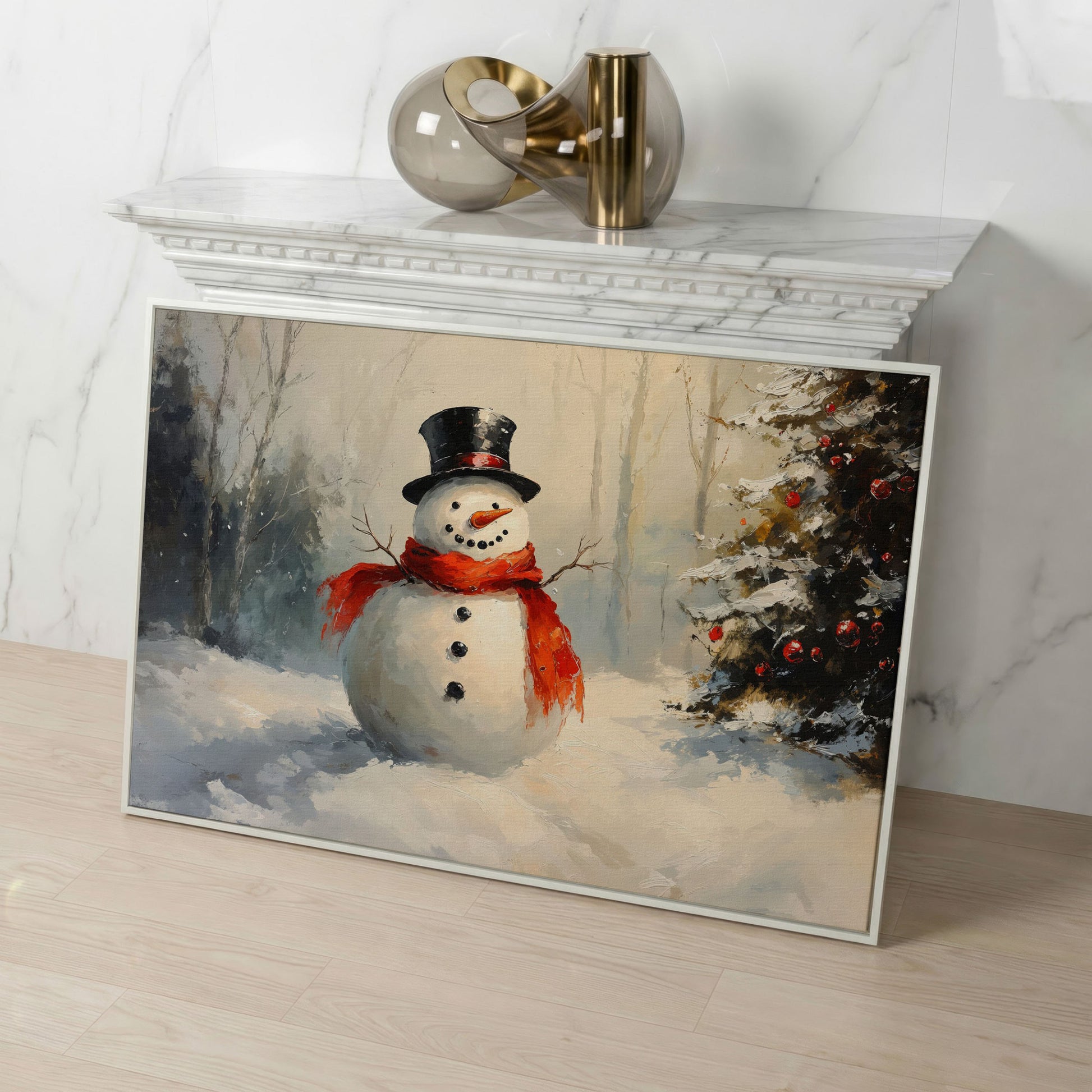 Snowman in Forest with Christmas Tree Canvas Print in white floating frame