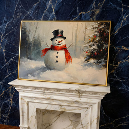 Snowman in Forest with Christmas Tree Canvas Print in yellow gold floating frame