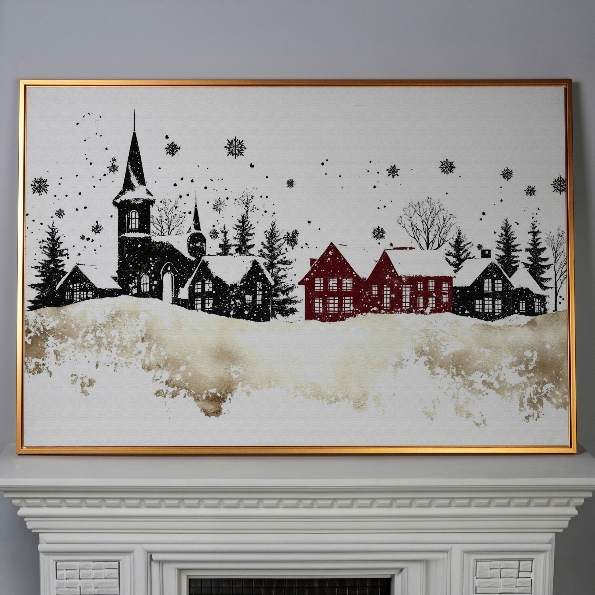 Abstract Winter Houses Canvas Print in antique gold floating frame