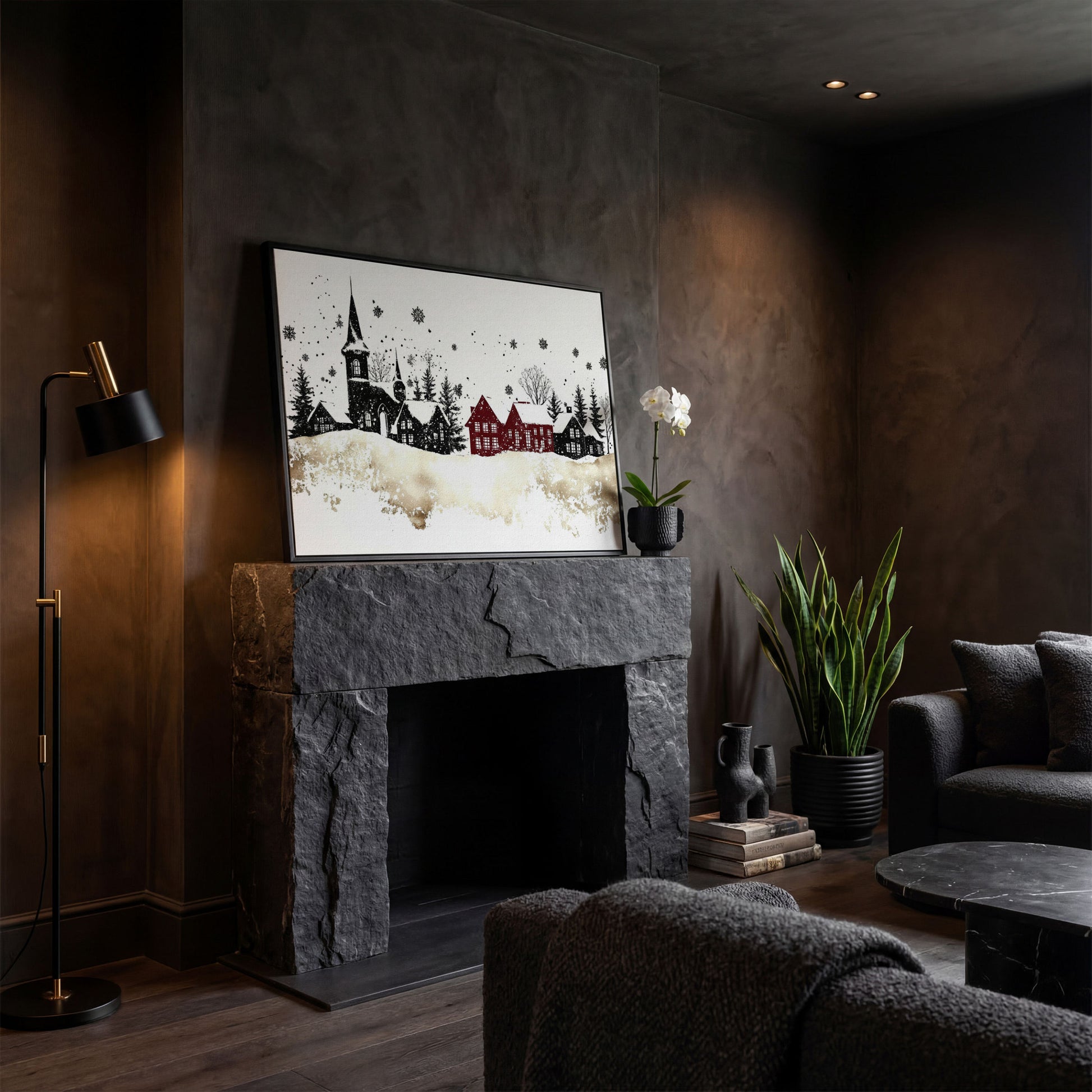 Abstract Winter Houses Canvas Print in black floating frame