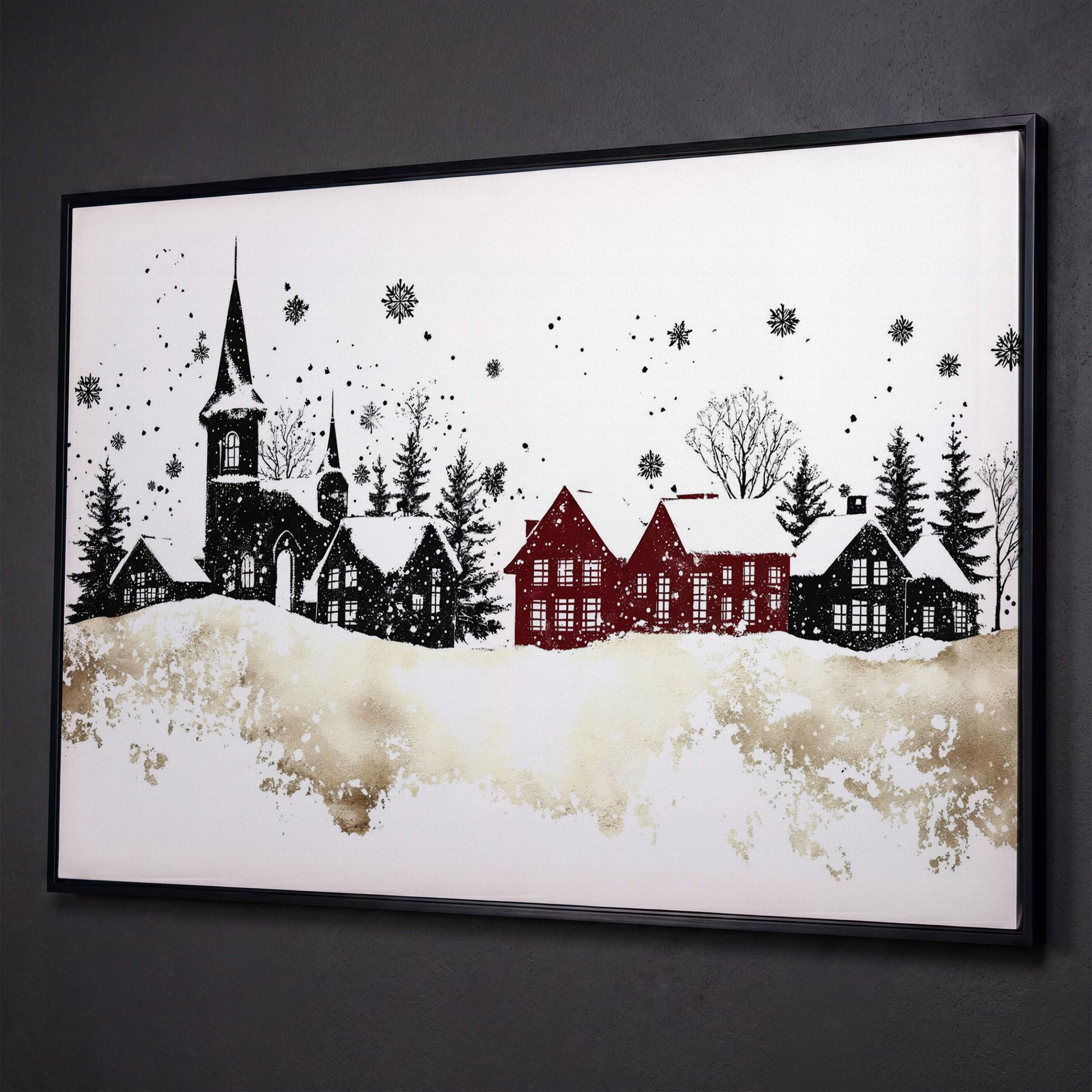Abstract Winter Houses Canvas Print shown in black floating frame