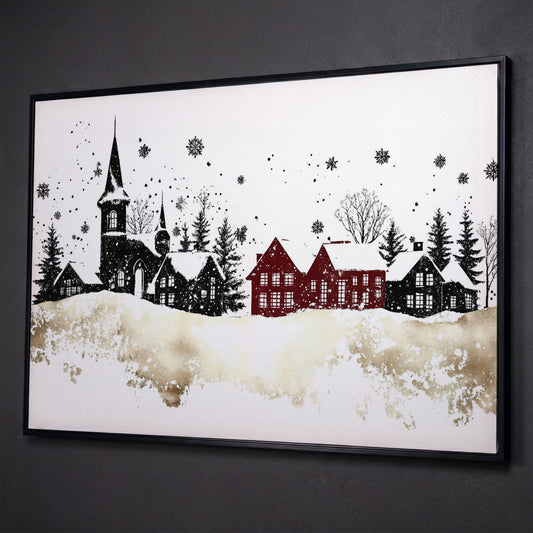 Abstract Winter Houses Canvas Print shown in black floating frame