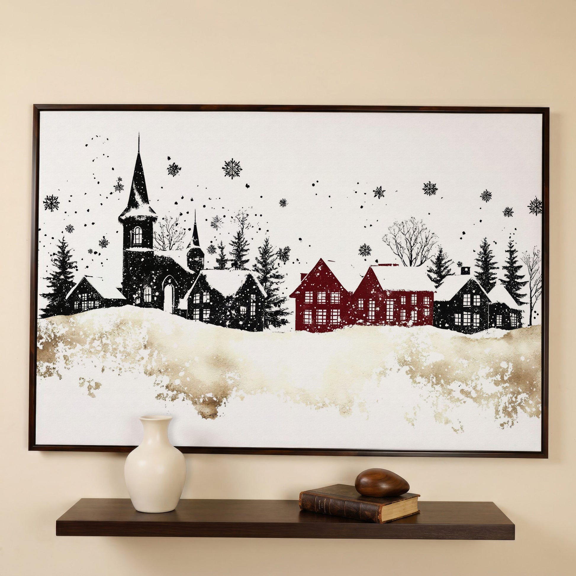 Abstract Winter Houses Canvas Print in dark walnut floating frame