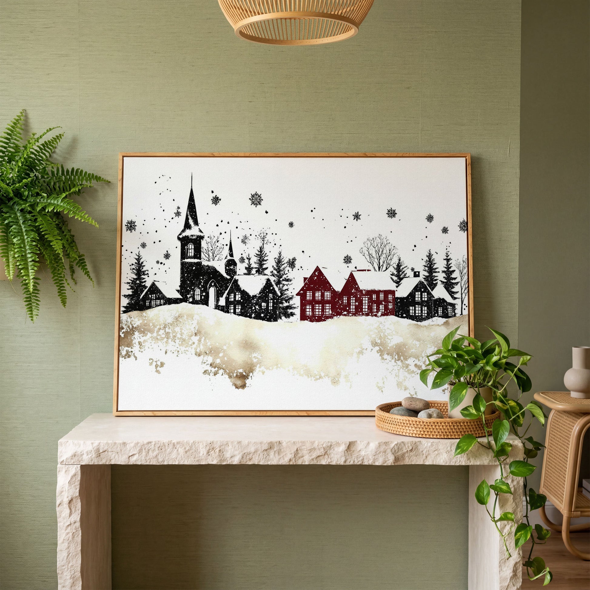 Abstract Winter Houses Canvas Print in white oak floating frame