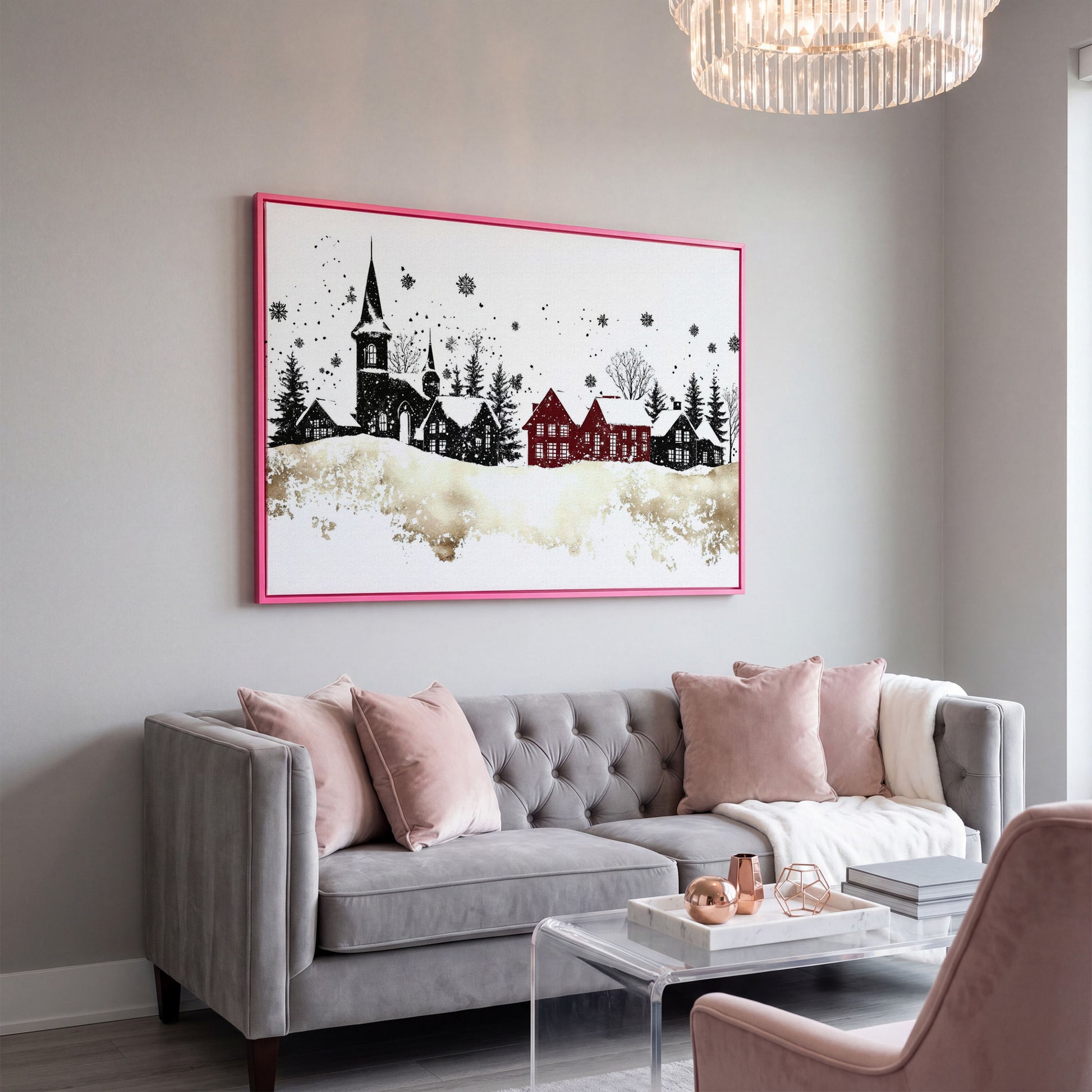 Abstract Winter Houses Canvas Print in pink floating frame