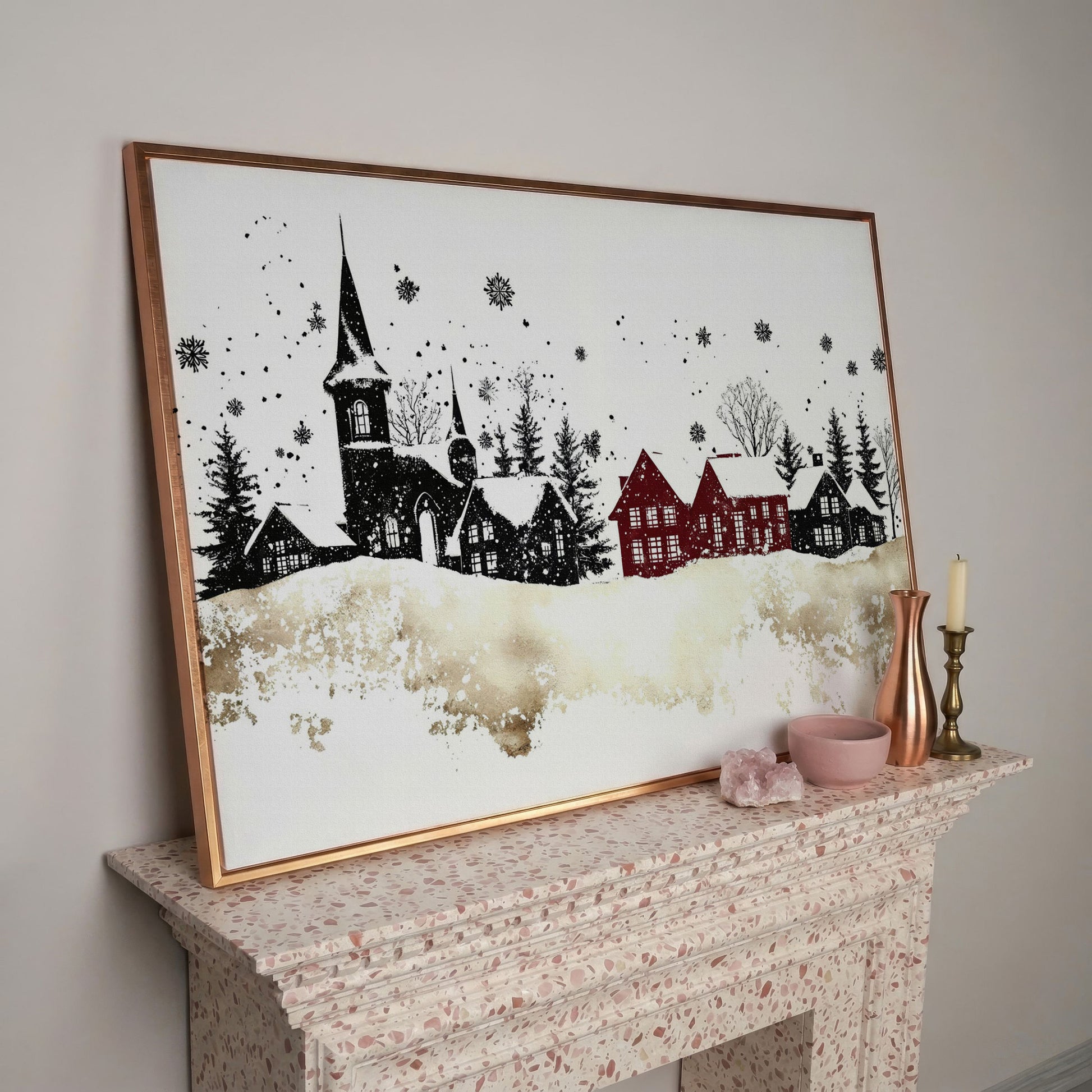 Abstract Winter Houses Canvas Print in rose gold floating frame