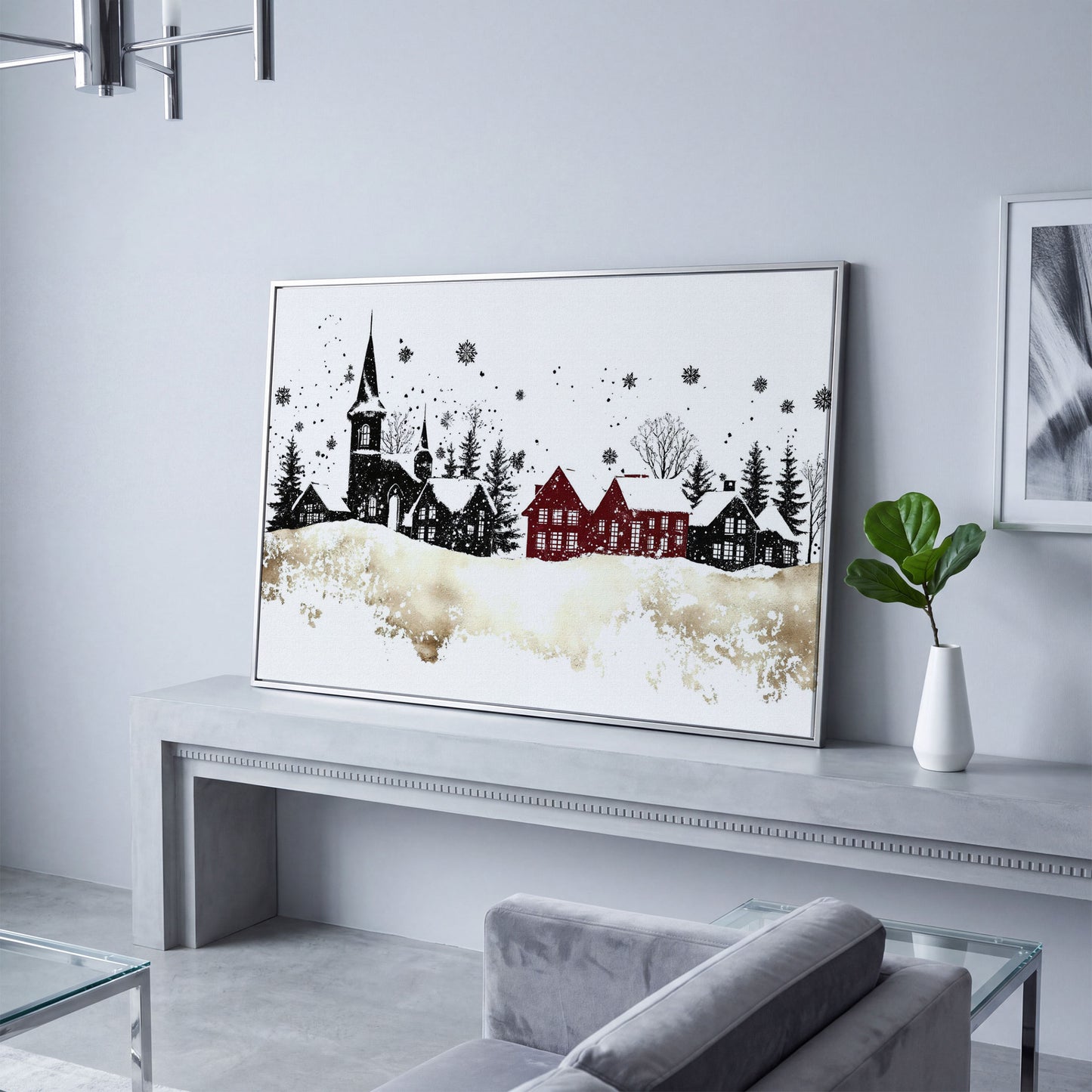 Abstract Winter Houses Canvas Print in silver floating frame