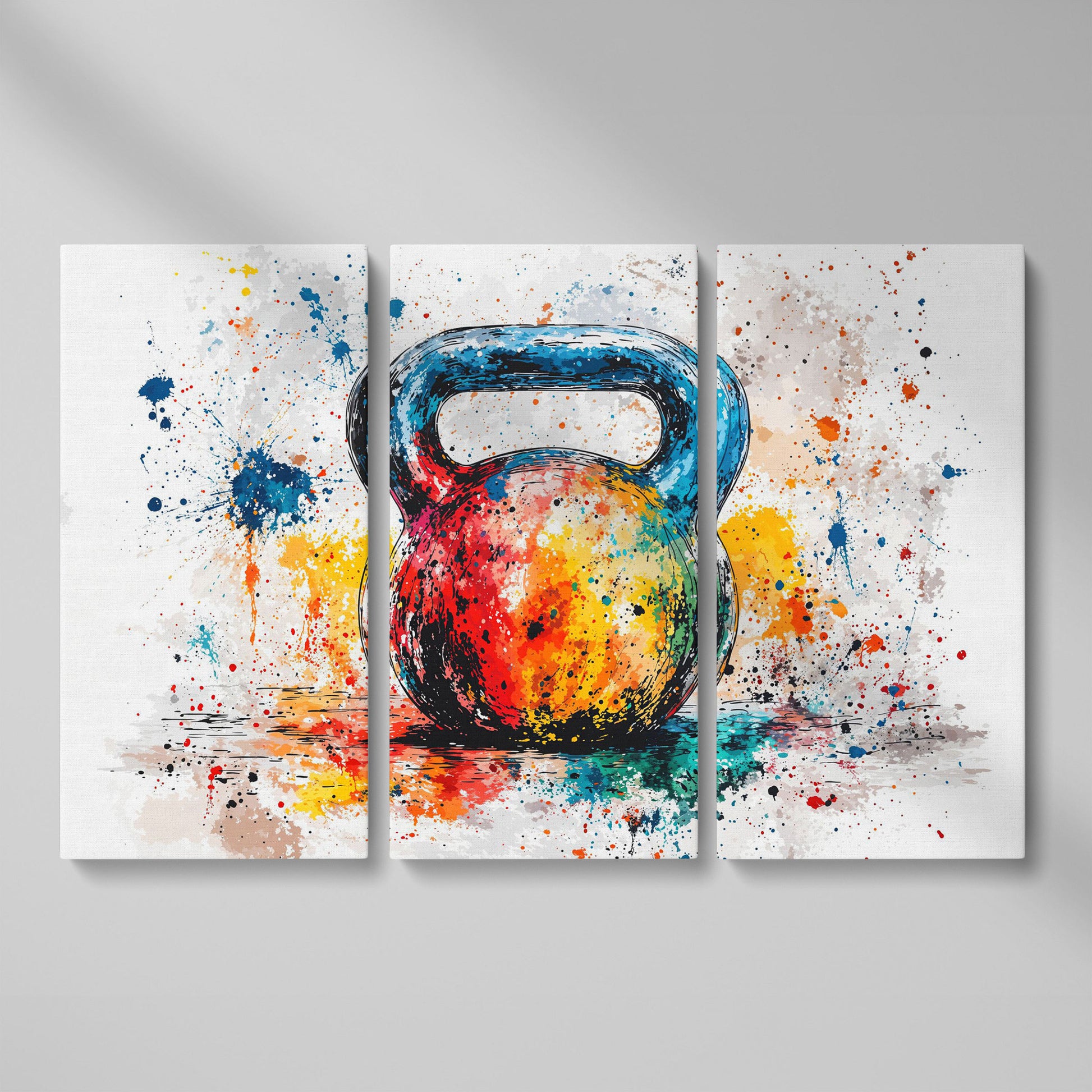 Kettlebell Canvas Print with Splatter Art in Cerulean and Burnt Orange as 3-panel split version