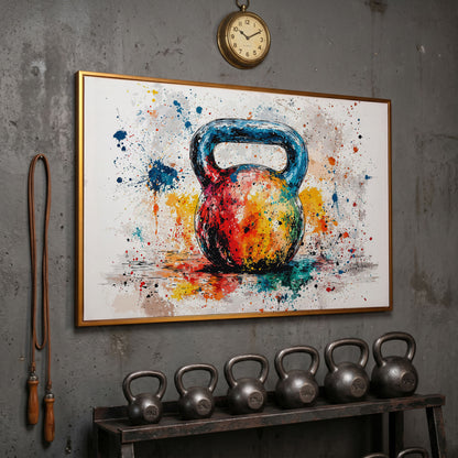 Kettlebell Canvas Print with Splatter Art in Cerulean and Burnt Orange in antique gold floating frame