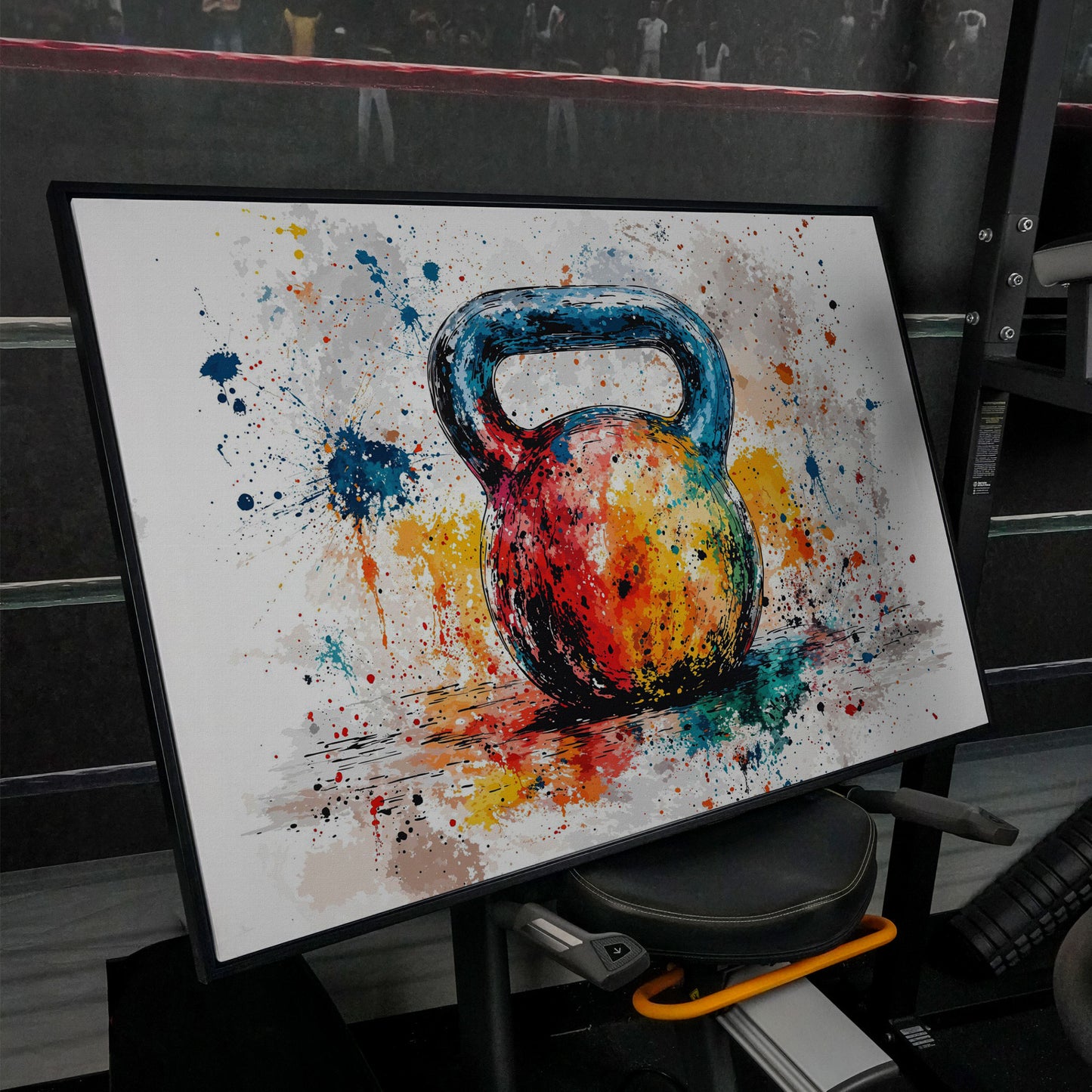 Kettlebell Canvas Print with Splatter Art in Cerulean and Burnt Orange in black floating frame