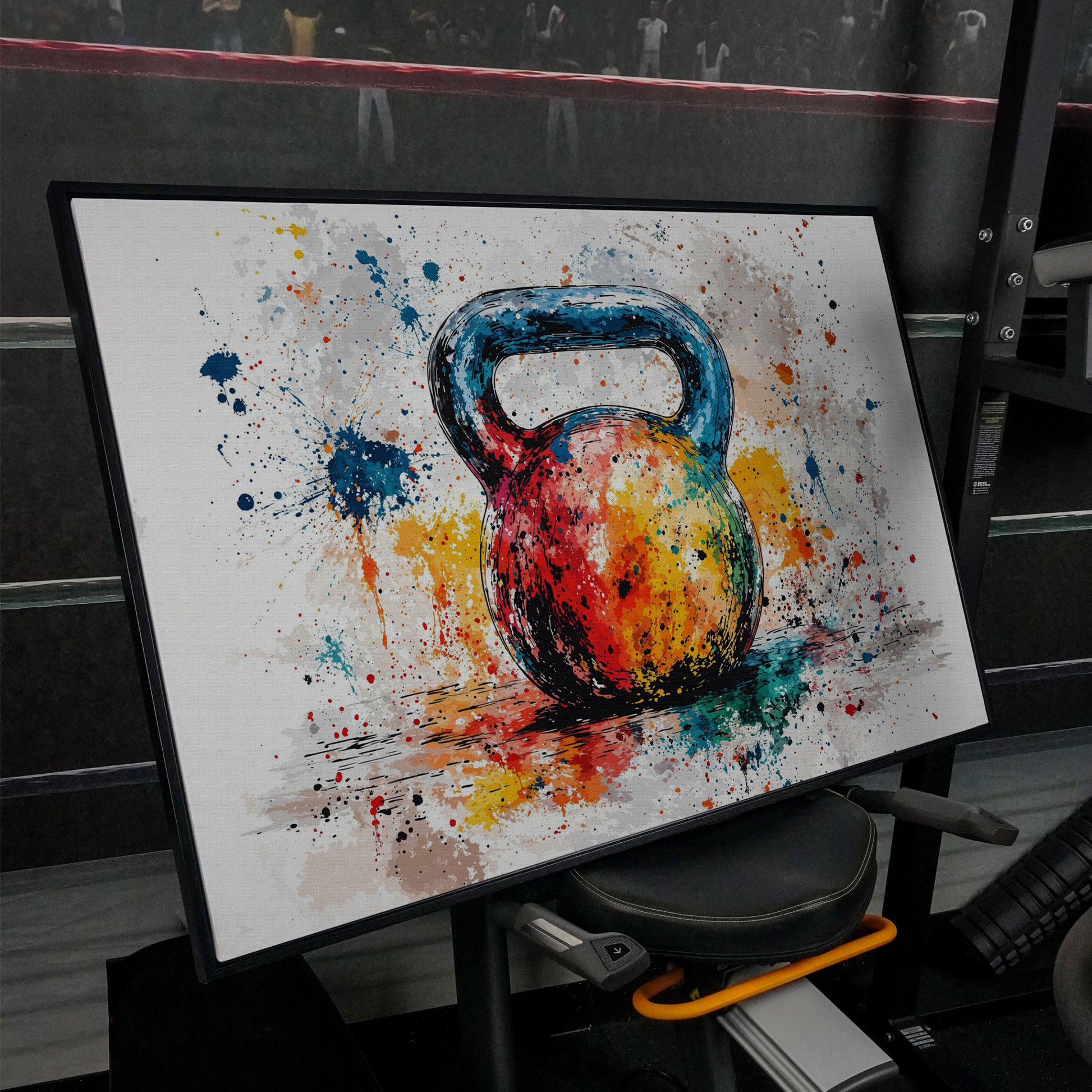 Kettlebell Canvas Print with Splatter Art in Cerulean and Burnt Orange in black floating frame