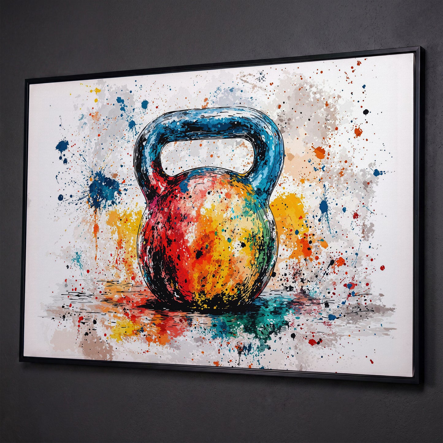 Kettlebell Canvas Print with Splatter Art in Cerulean and Burnt Orange shown in black floating frame