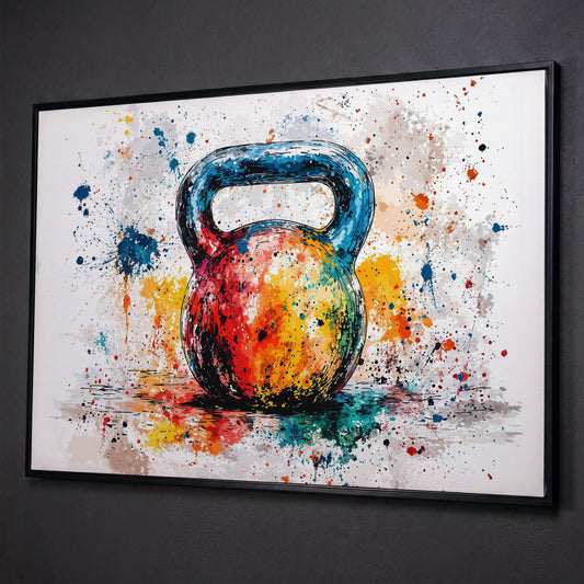 Kettlebell Canvas Print with Splatter Art in Cerulean and Burnt Orange shown in black floating frame
