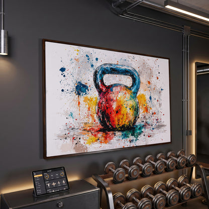 Kettlebell Canvas Print with Splatter Art in Cerulean and Burnt Orange in dark walnut floating frame