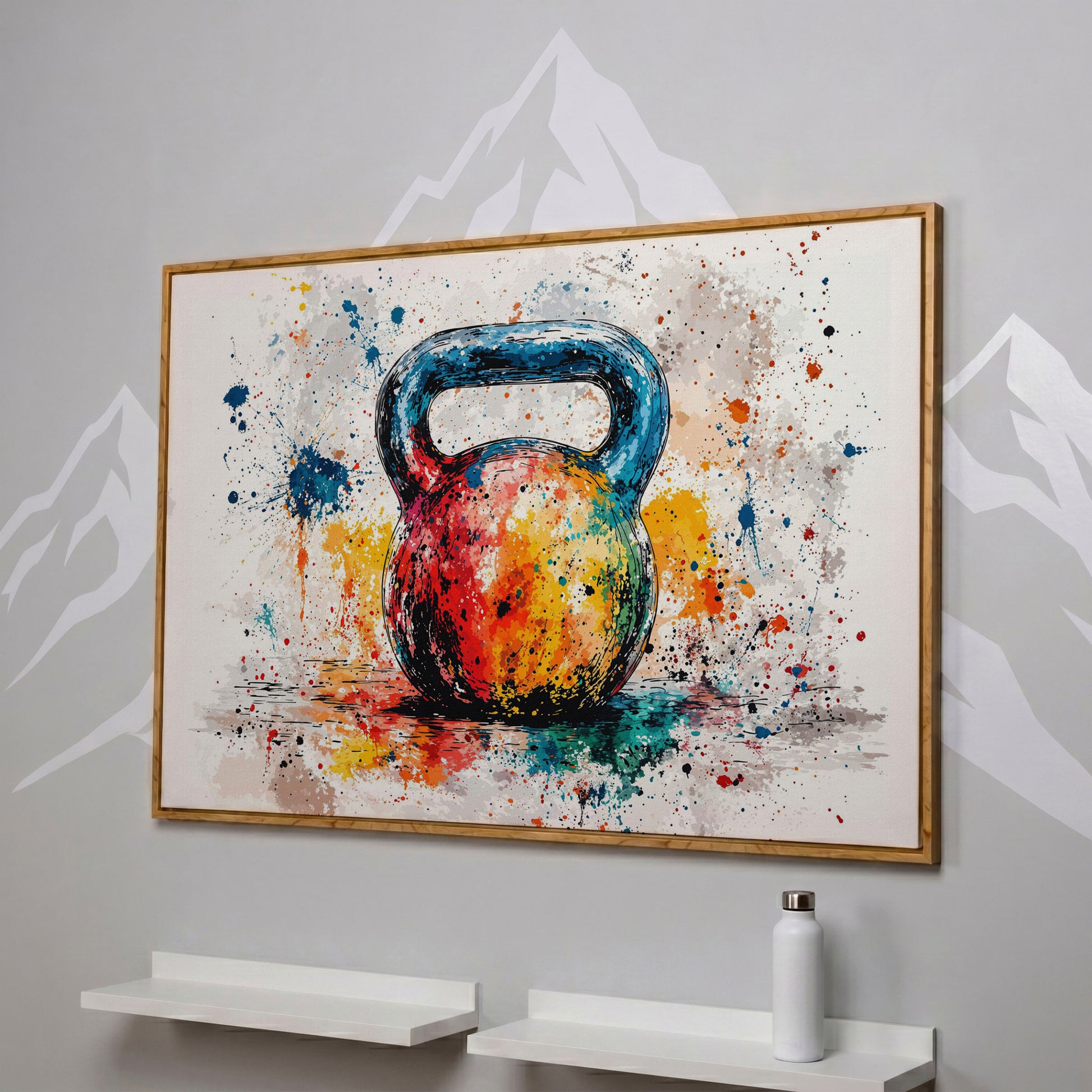 Kettlebell Canvas Print with Splatter Art in Cerulean and Burnt Orange in white oak floating frame