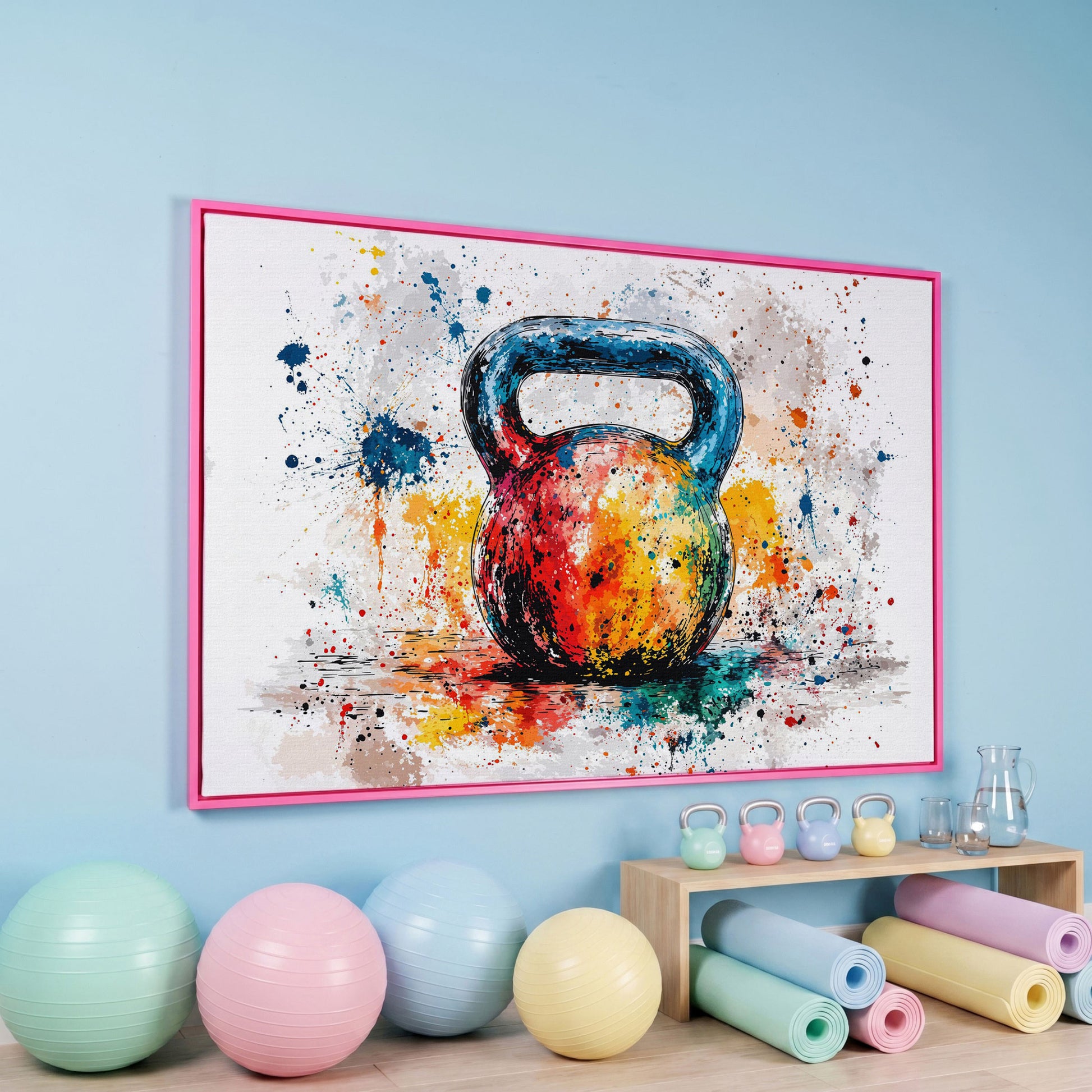 Kettlebell Canvas Print with Splatter Art in Cerulean and Burnt Orange in pink floating frame