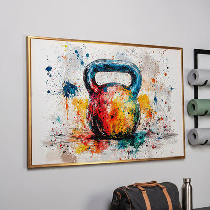 Kettlebell Canvas Print with Splatter Art in Cerulean and Burnt Orange in rose gold floating frame