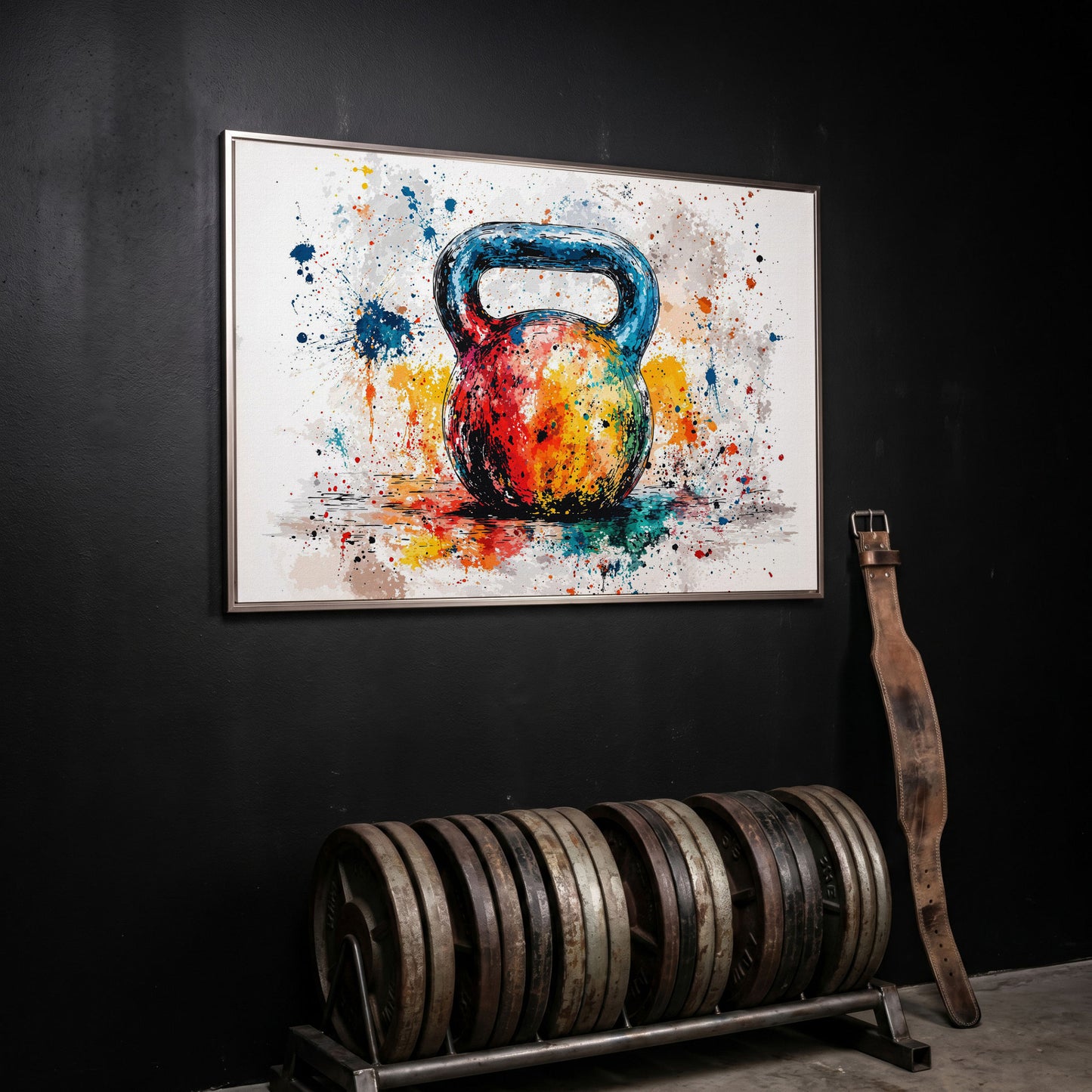Kettlebell Canvas Print with Splatter Art in Cerulean and Burnt Orange in silver floating frame