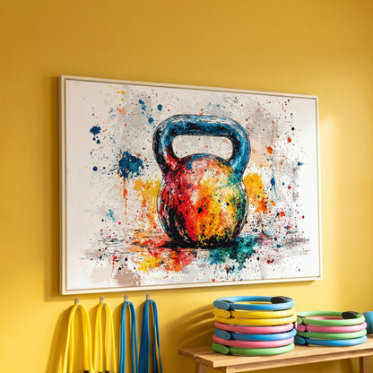 Kettlebell Canvas Print with Splatter Art in Cerulean and Burnt Orange in white floating frame