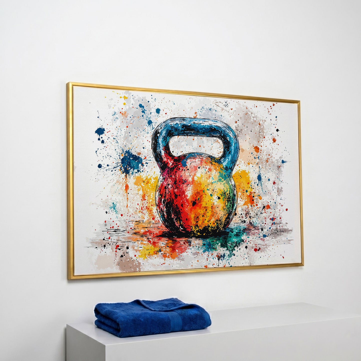 Kettlebell Canvas Print with Splatter Art in Cerulean and Burnt Orange in yellow gold floating frame