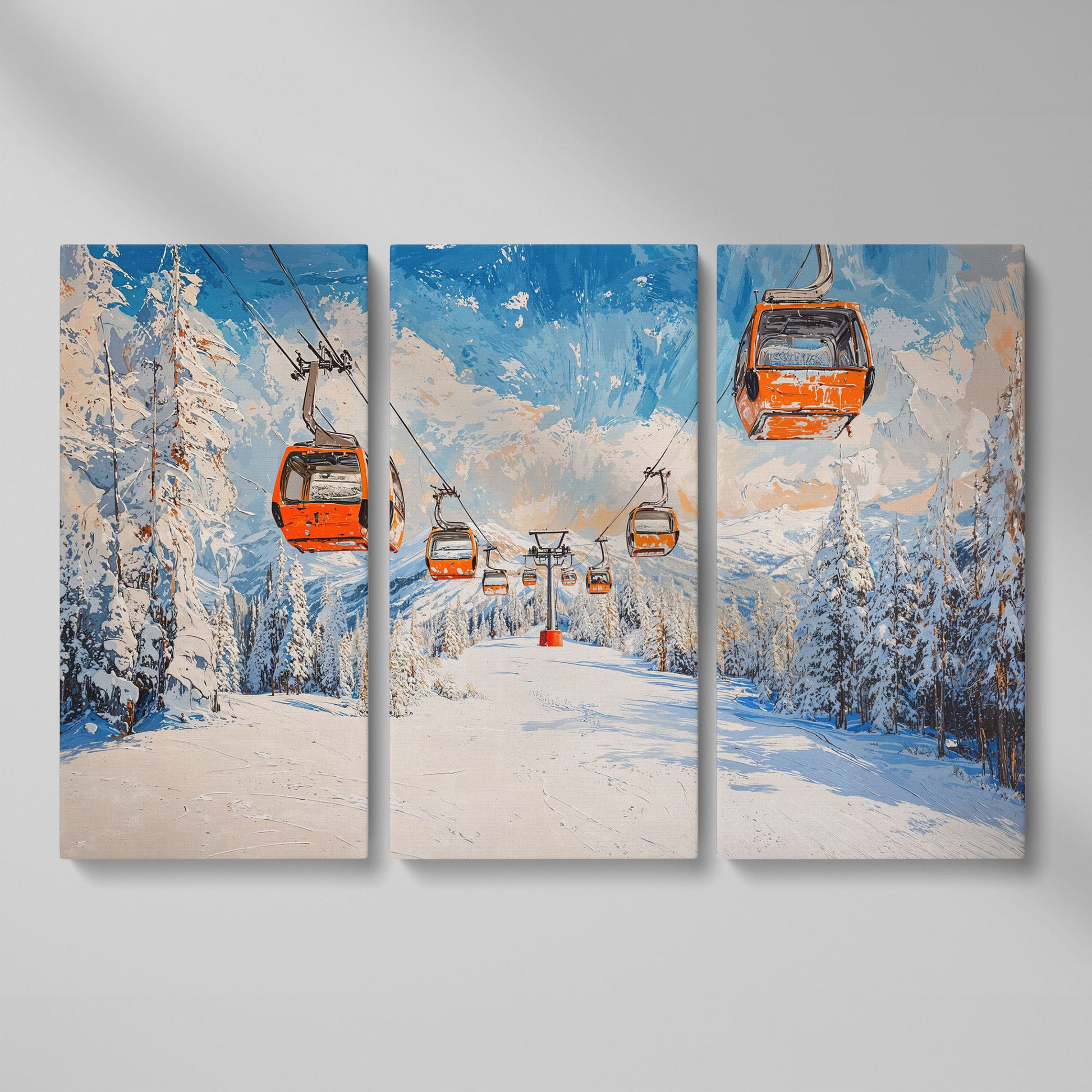 Snowy Ski Resort with Orange Gondola Canvas as 3-panel split version
