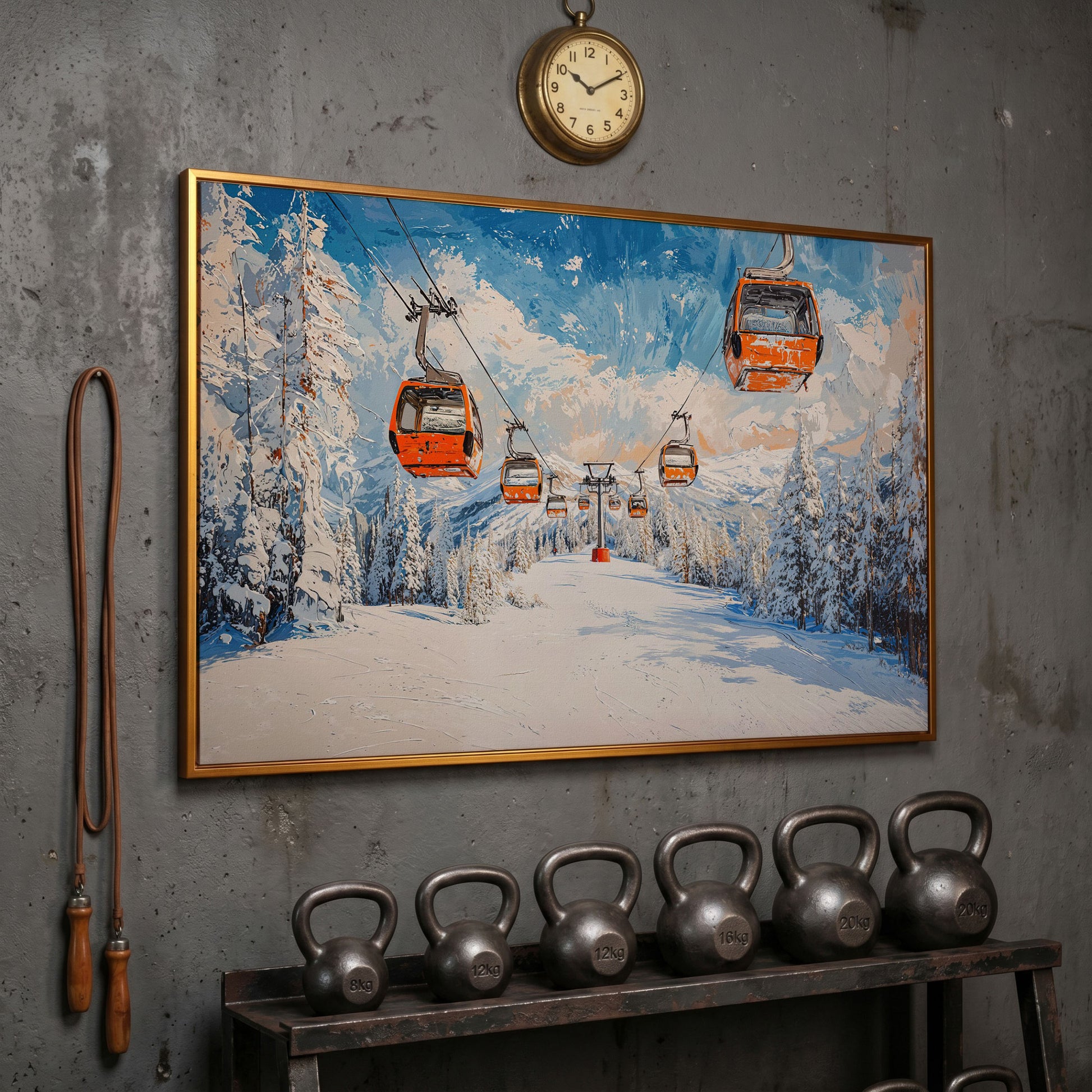 Snowy Ski Resort with Orange Gondola Canvas in antique gold floating frame