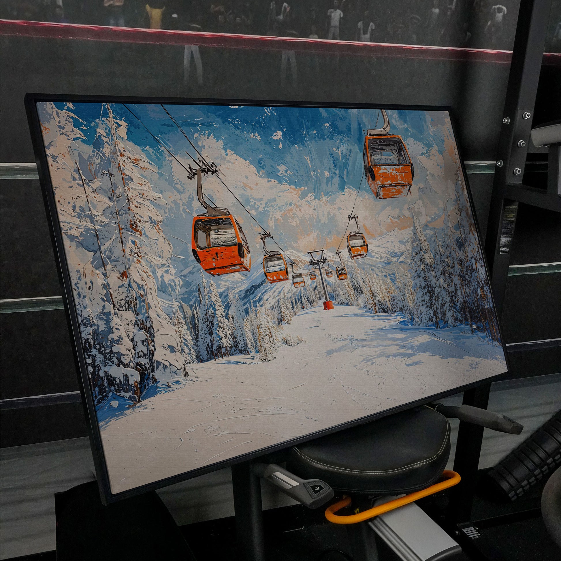 Snowy Ski Resort with Orange Gondola Canvas in black floating frame