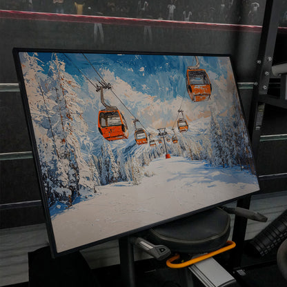 Snowy Ski Resort with Orange Gondola Canvas in black floating frame