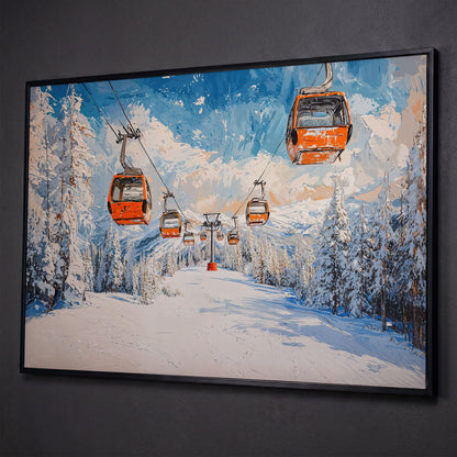 Snowy Ski Resort with Orange Gondola Canvas shown in black floating frame
